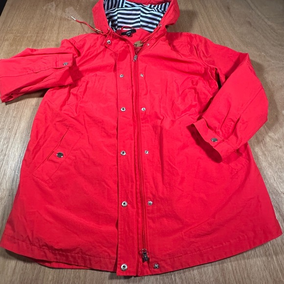 ellos Jackets & Blazers - Ellos Anorak Rain Jacket Women 16 Red Hooded Striped Lining Zip Front Utility